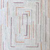 A luxury designer rug with concentric rectangles in purple, orange, and blue on a textured light gray background.