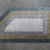 Atlas 03147 luxury designer rug with blue, olive, and gray bands on gray floor.