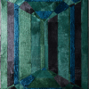 Luxury designer rug in emerald-cut pattern, handmade with green, blue, and black hues.