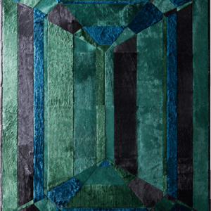 Luxury designer rug in emerald-cut pattern, handmade with green, blue, and black hues.