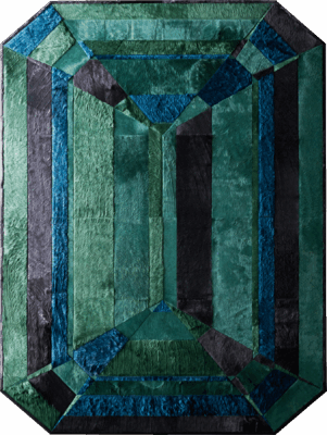 Luxury designer rug in emerald-cut pattern, handmade with green, blue, and black hues.