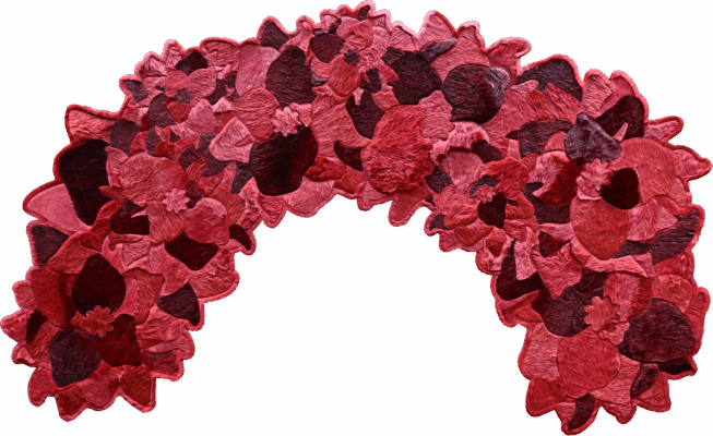 Luxury designer rug featuring a curved arch of overlapping red floral shapes on a plain background.