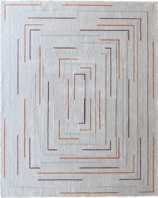 Luxury designer rug featuring textured gray surface and concentric orange, purple, and blue geometric outlines.