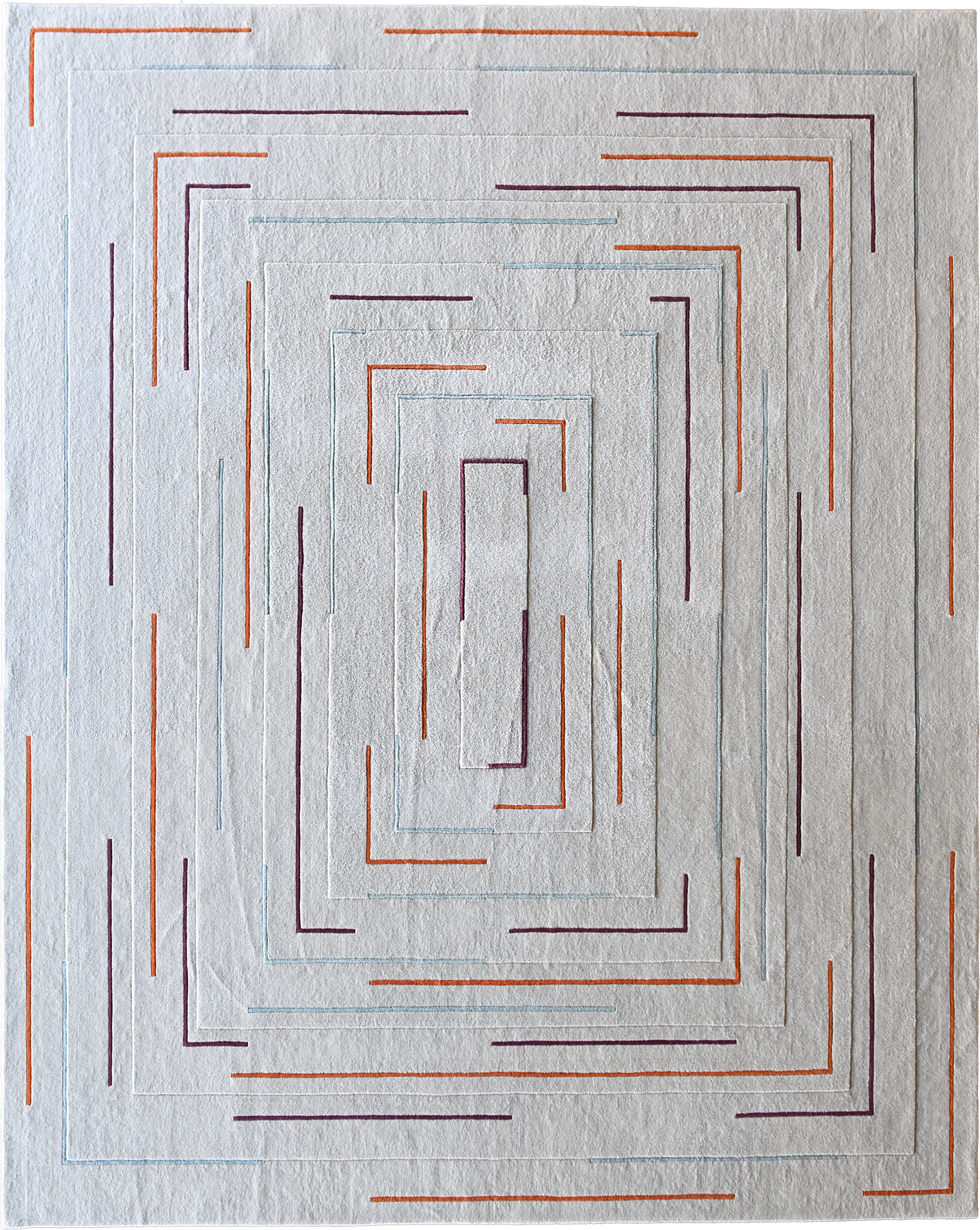 Luxury designer rug featuring textured gray surface and concentric orange, purple, and blue geometric outlines.