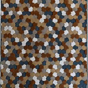 The Leigh 02819 high-end designer rug showcases interlocking geometric shapes in blue, brown, beige, and gray.