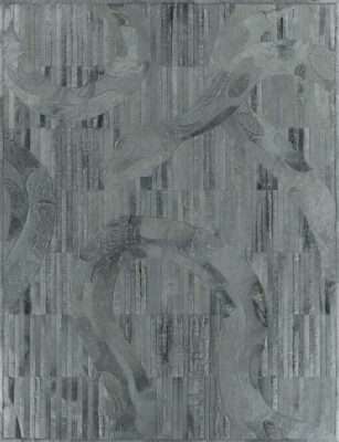 Luxury designer rug 20972 with textured gray surface, vertical stripes, and abstract curves.