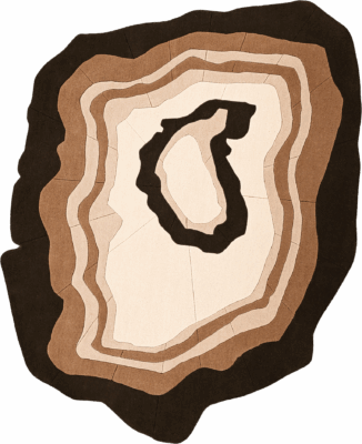 Luxury designer area rug with layered brown and beige concentric shapes, resembling a high-end handmade wool rug.