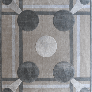 Atlas 03141 luxury designer rug with geometric pattern, dark corner circles, and fine gray-beige lines.