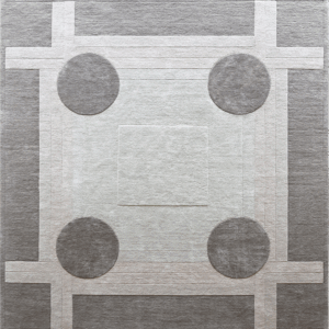 The Atlas 03141 luxury designer rug showcases intersecting lines and four circles in gray and beige, ideal for high-end interiors.