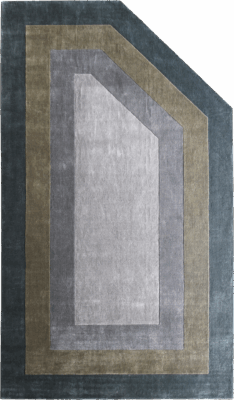 Atlas 03147 luxury designer rug with asymmetric edge, featuring geometric grey, taupe, and blue motifs.