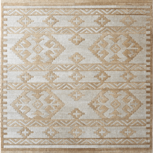 Luxury custom designer rug featuring beige and tan geometric patterns with bold blue accents.