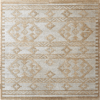 Luxury custom rectangular designer rug with beige geometric patterns, blue stripes, and high-end wool craftsmanship.