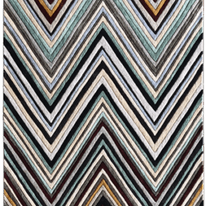 Luxury custom designer rug in chevron pattern with black, white, gray, and brown zigzags.