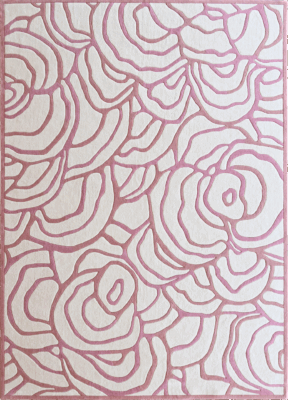 Bloom 03697 designer rug showcases pink abstract lines in rose forms on a white luxury wool background.