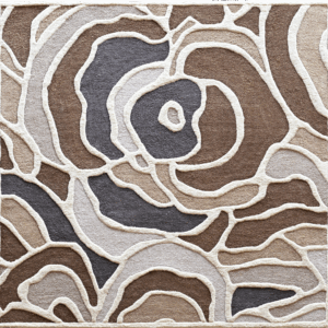 The Bloom 03448 high end designer rug showcases large overlapping shapes in earthy tones with luxe raised white outlines.