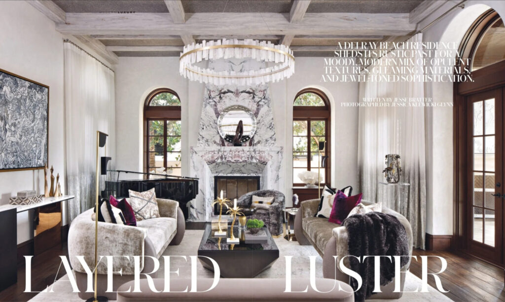Elegant living room with marble fireplace, designer rug, and modern decor; magazine text overlays.
