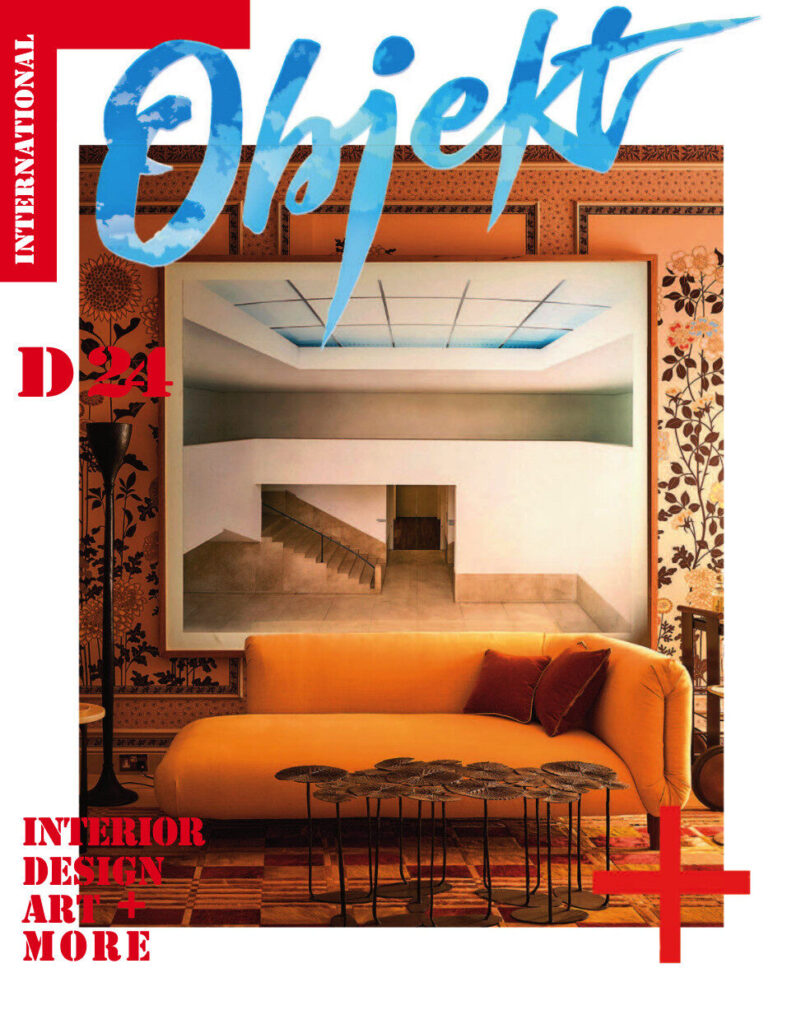 Objekt International cover with orange sofa, designer rug, and bold modern decor.