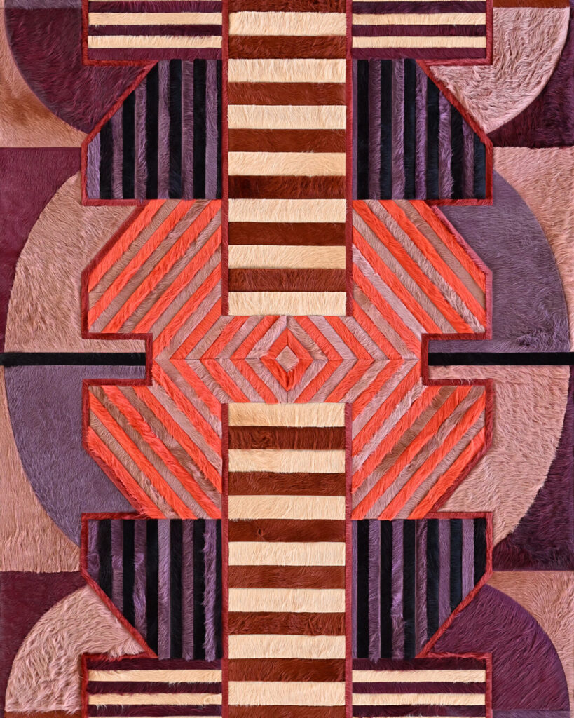 Luxury designer rug with geometric stripes and chevrons in red, beige, purple, and black.