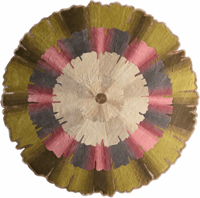 Luxury custom rug with abstract concentric rings in beige, olive, pink, and gray.