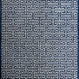 Luxury designer wool rug featuring a navy and white Greek key pattern, square shaped.