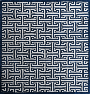 Luxury designer wool rug featuring a navy and white Greek key pattern, square shaped.