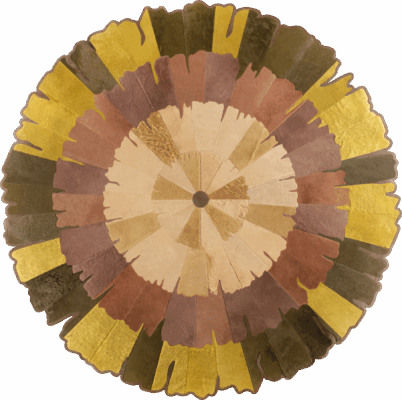 Luxury designer rug Custom 10696 with a circular sunburst pattern in gold and brown.