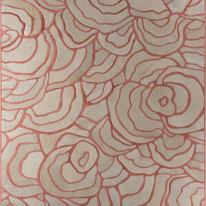 Luxury designer rug with red outlined irregular concentric shapes on a beige field.