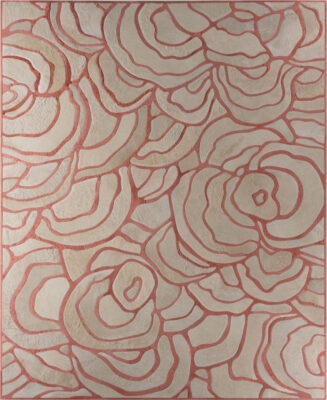 Luxury designer rug with red outlined irregular concentric shapes on a beige field.