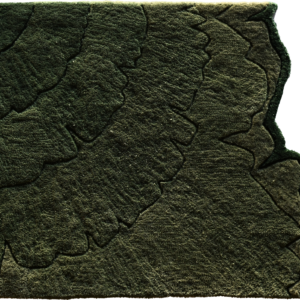 Textured dark green designer rug sample with wavy lines, evoking luxury custom rugs.