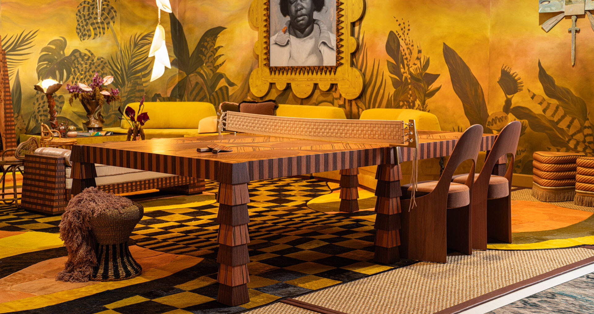 Elegant room with designer rugs, Moniomi Collection table, and a tropical mural.