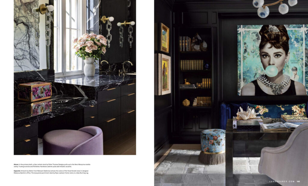A LUXE Arizona room with designer rugs, black marble, gold accents, and floral decor.
