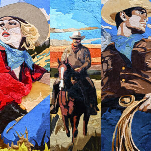 Three stylized cowboys and a cowgirl in hats, evoking luxury designer rug inspiration.