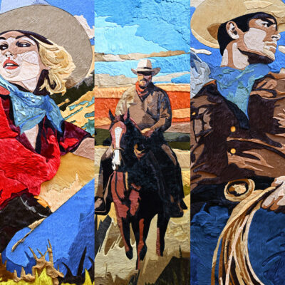 Three stylized cowboys and a cowgirl in hats, evoking luxury designer rug inspiration.