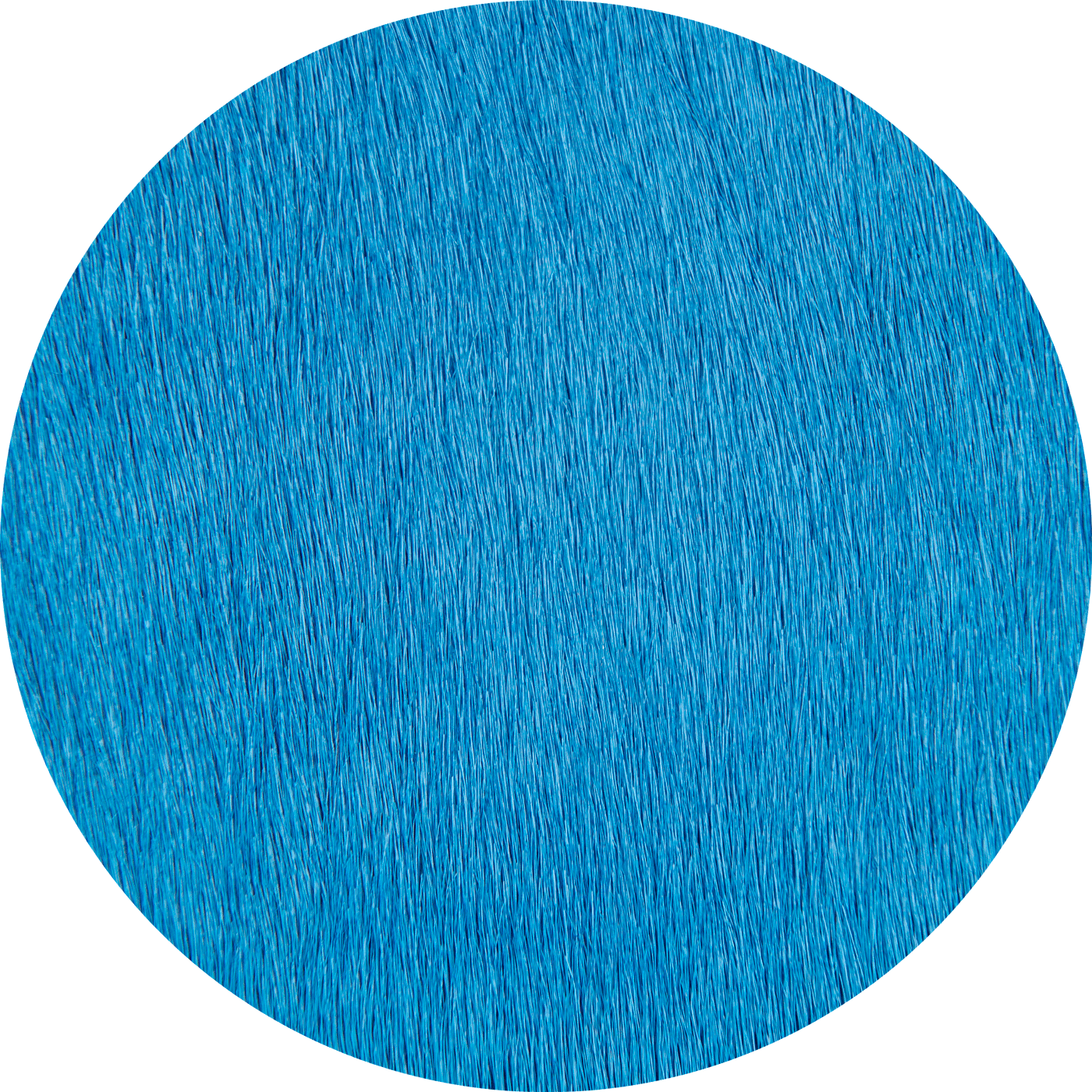 A circular luxury custom rug features a blue, hair-like textured designer pattern.