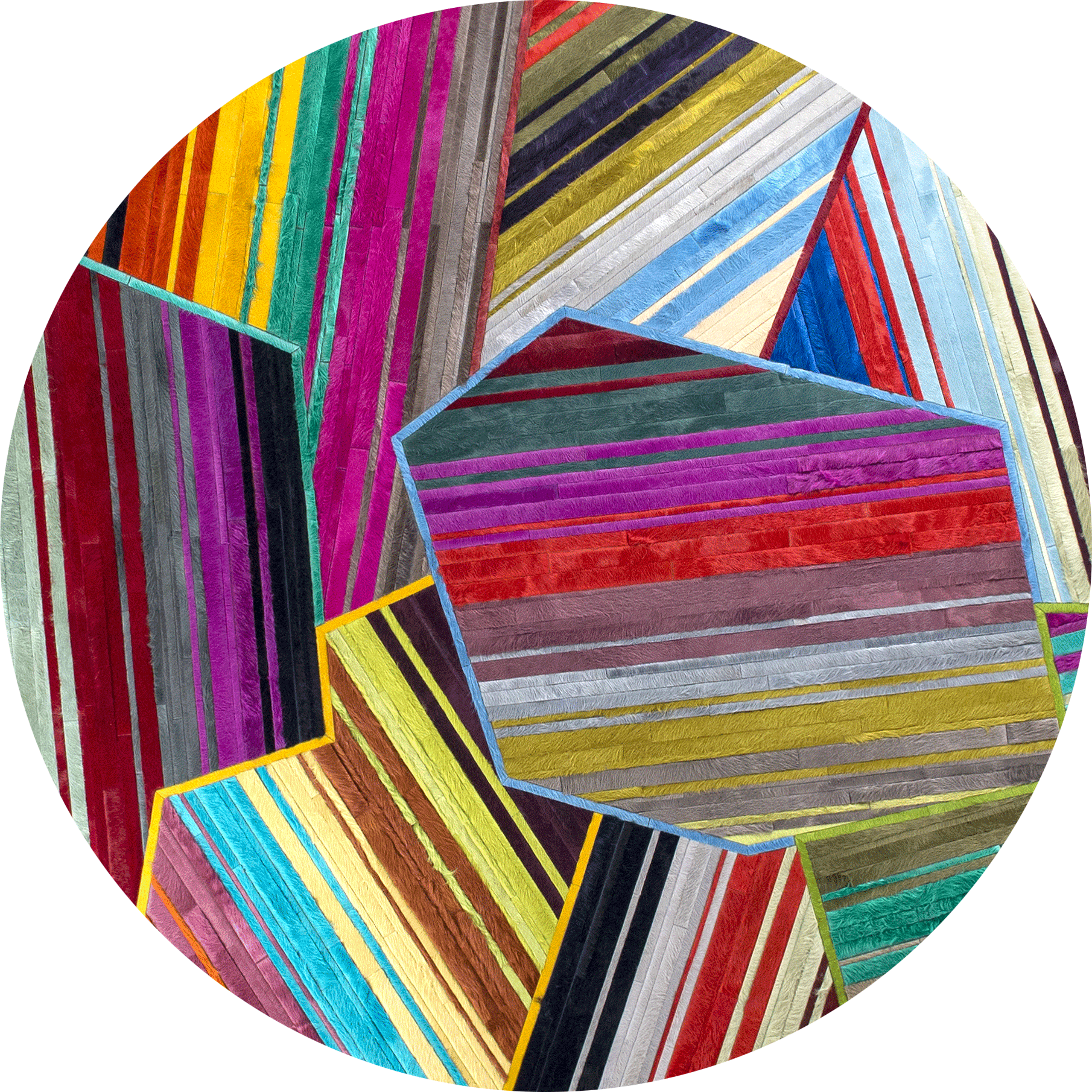A luxury custom designer rug with circular, multicolored abstract stripes and polygons.