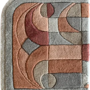 A square luxury designer rug with abstract pink, gray, and beige shapes, ideal as a high end handmade wool decor piece.