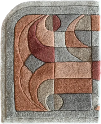 A square luxury designer rug with abstract pink, gray, and beige shapes, ideal as a high end handmade wool decor piece.