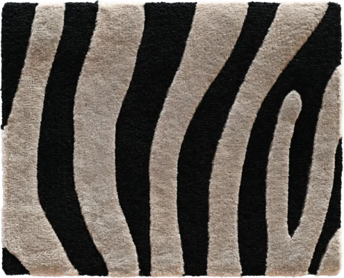Luxury designer rug with black and beige zebra stripes, high-end wool handmade.