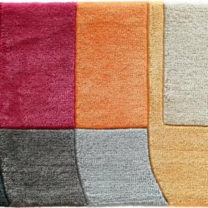 Luxury designer rug featuring six colored sections and raised borders, ideal for high-end spaces.