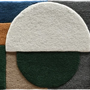 Luxury designer rug with geometric shapes in premium wool, silk, and hide textures.