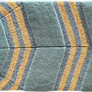 Luxury designer rug tile with yellow and gray lines on a muted green backdrop.