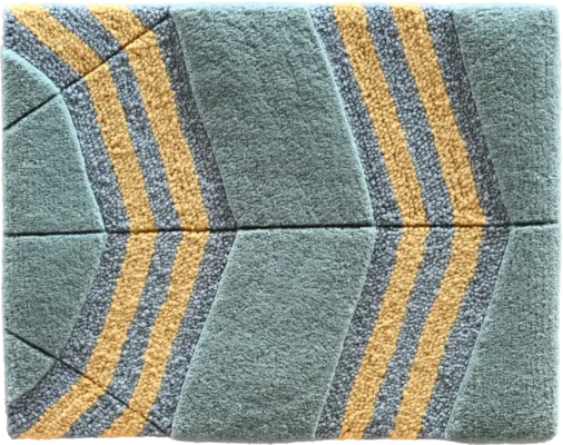 Luxury designer rug tile with yellow and gray lines on a muted green backdrop.