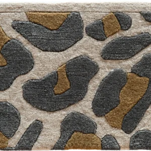 Luxury designer rectangular rug with abstract dark gray, tan, and beige pattern, perfect for high end interiors.