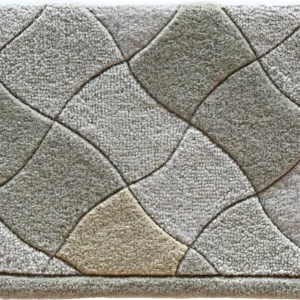 Luxury designer rug, rectangular with beige and cream wavy pattern, plush texture.