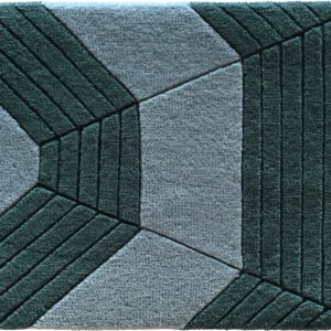 Luxury designer rug with textured wool, dark green and grey geometric pattern, high-end finish.