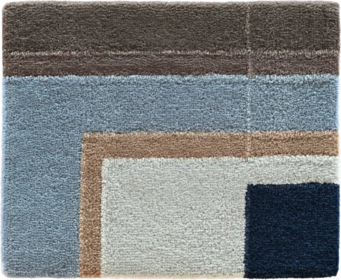 Luxury designer rug with geometric pattern in blue, brown, beige, and cream bands.