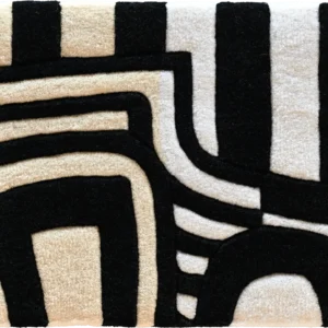 Luxury designer square rug with black and beige abstract geometric patterns, high-end wool.
