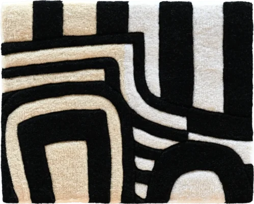 Luxury designer square rug with black and beige abstract geometric patterns, high-end wool.