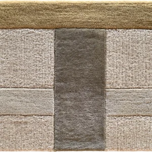 Luxury designer square wool rug in beige and tan with bold central brown stripe.