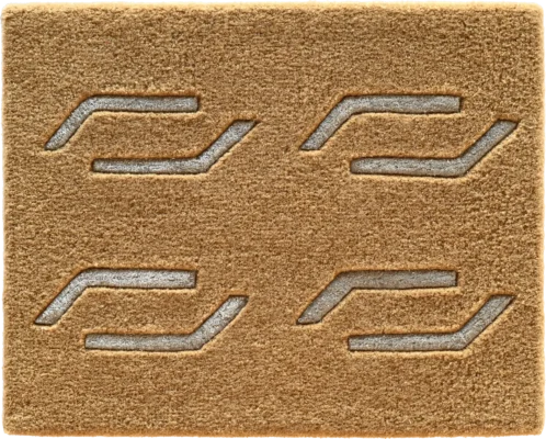 Luxury designer doormat rug featuring four geometric patterns, ideal for high end interiors.